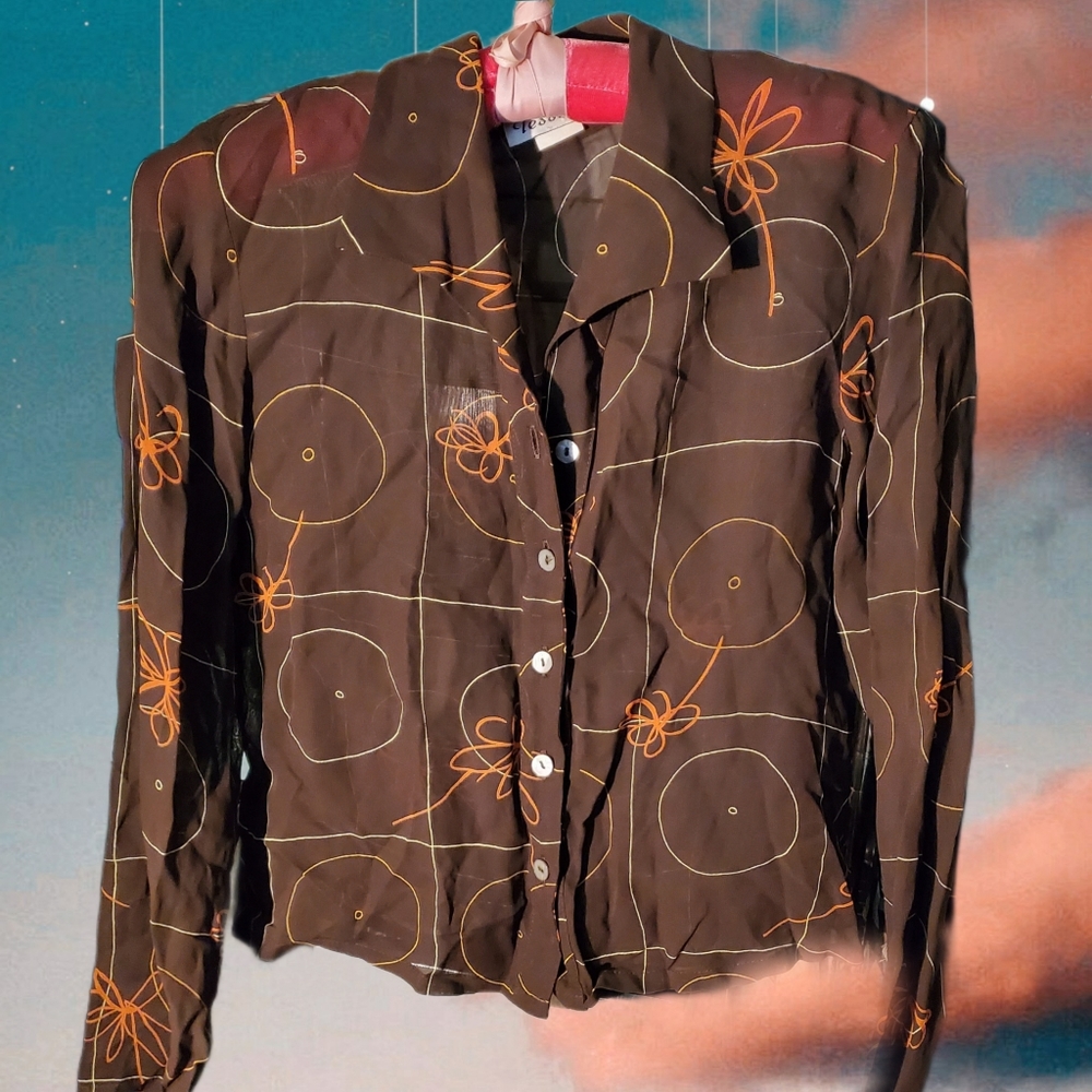 TESSUTO Mesh Button Down Top Brown Abstract Print S
